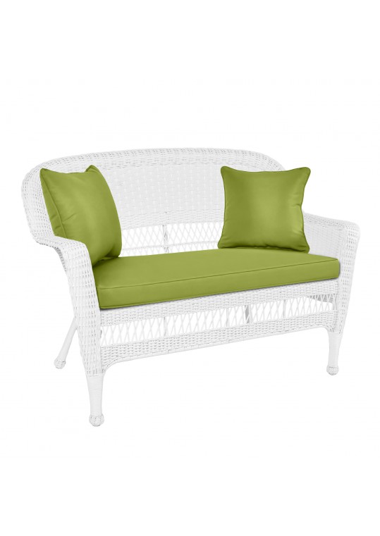 White Wicker Patio Love Seat With Sage Green Cushion and Pillows