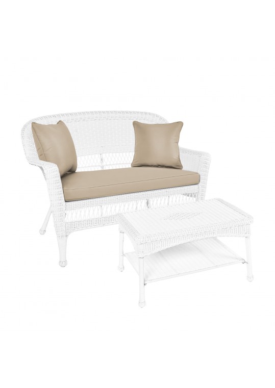 White Wicker Patio Love Seat And Coffee Table Set With Tan Cushion