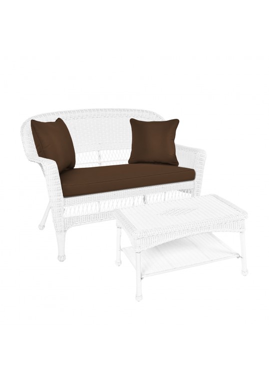 White Wicker Patio Love Seat And Coffee Table Set With Brown Cushion