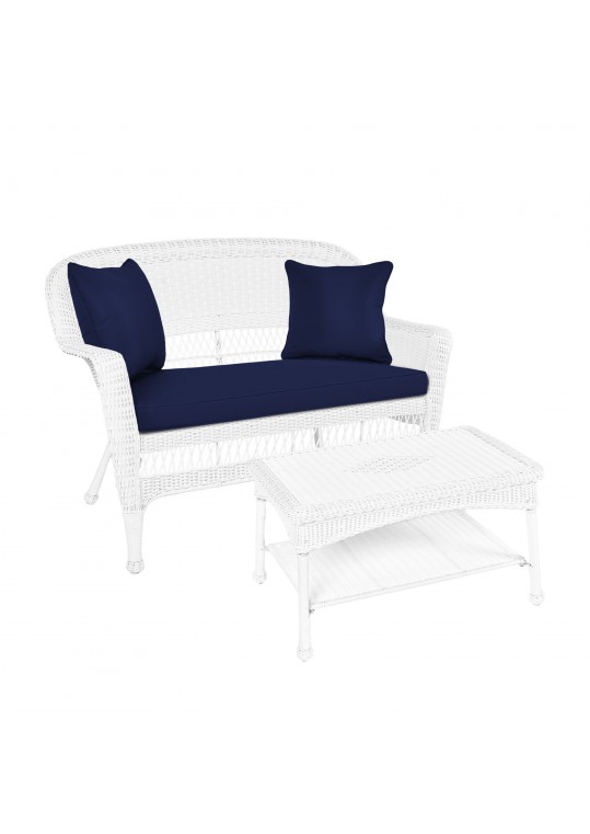 White Wicker Patio Love Seat And Coffee Table Set With Midnight Blue Cushion