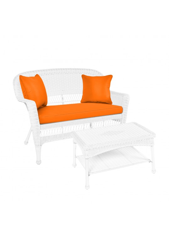 White Wicker Patio Love Seat And Coffee Table Set With Orange Cushion