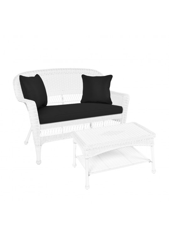 White Wicker Patio Love Seat And Coffee Table Set With Black Cushion