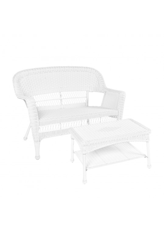 White Wicker Patio Love Seat And Coffee Table Set Without Cushion