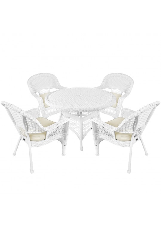 5pc White Wicker Dining Set - Ivory Cushions