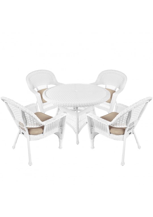5pc White Wicker Dining Set - Tan Cushions