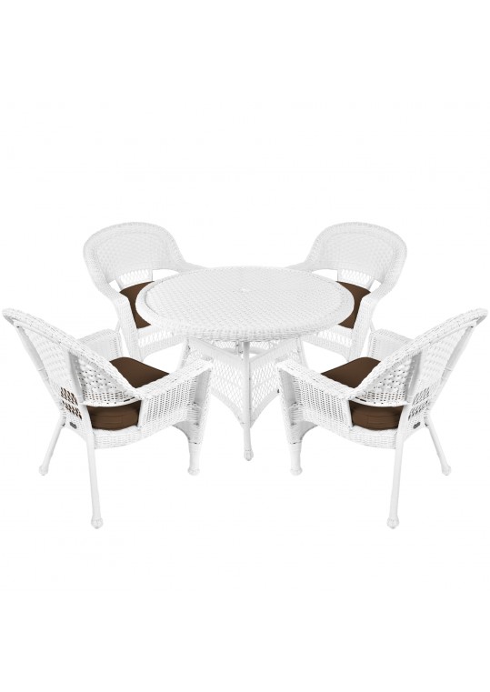5pc White Wicker Dining Set - Brown Cushions