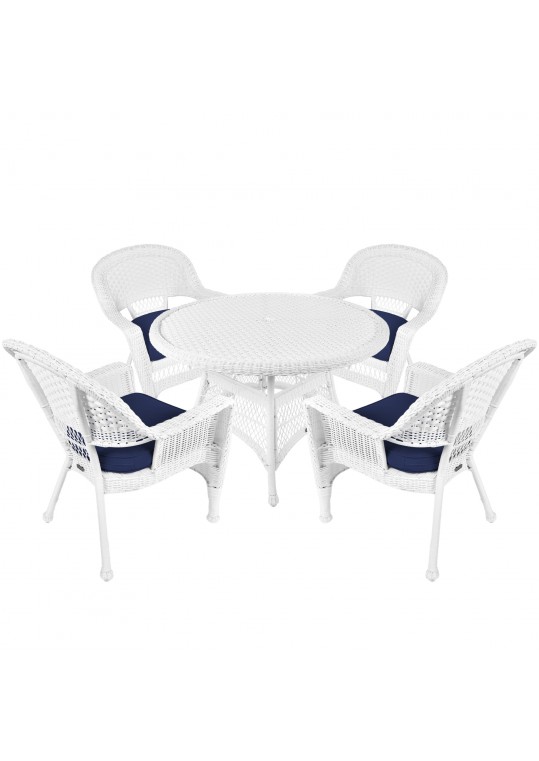5pc White Wicker Dining Set - Midnight Blue Cushions