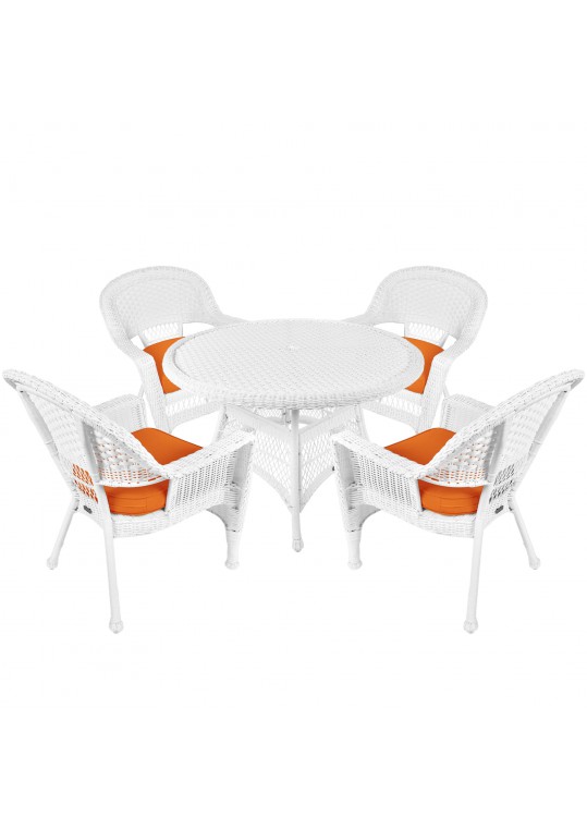 5pc White Wicker Dining Set - Orange Cushions