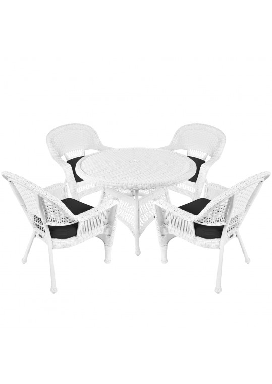 5pc White Wicker Dining Set - Black Cushions