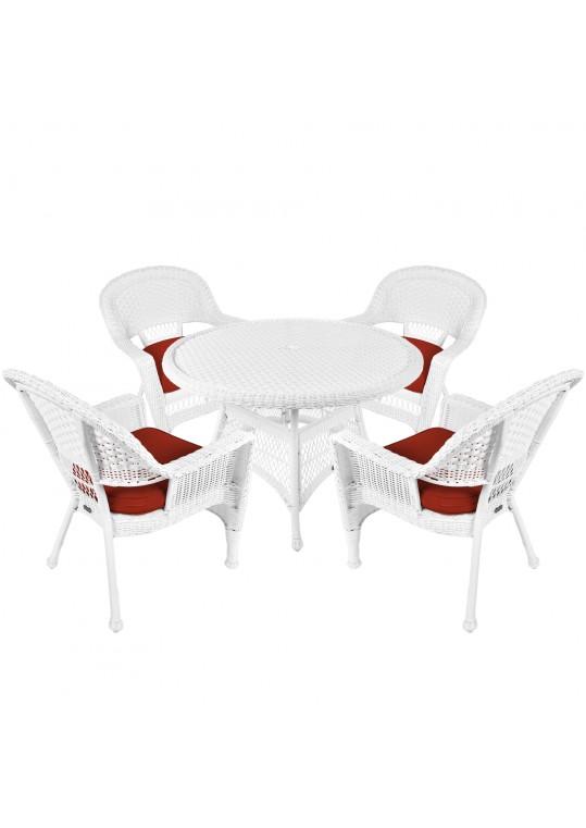 5pc White Wicker Dining Set - Brick Red Cushions