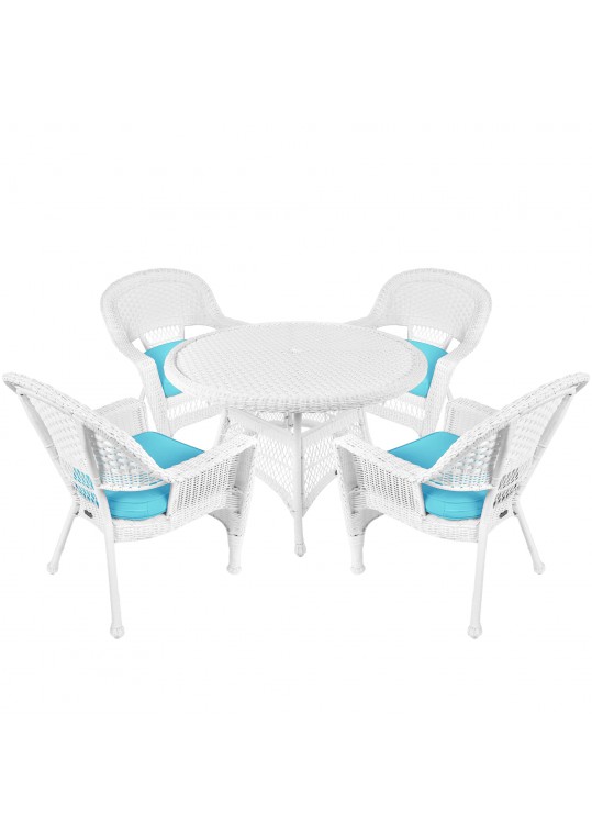 5pc White Wicker Dining Set - Sky Blue Cushions
