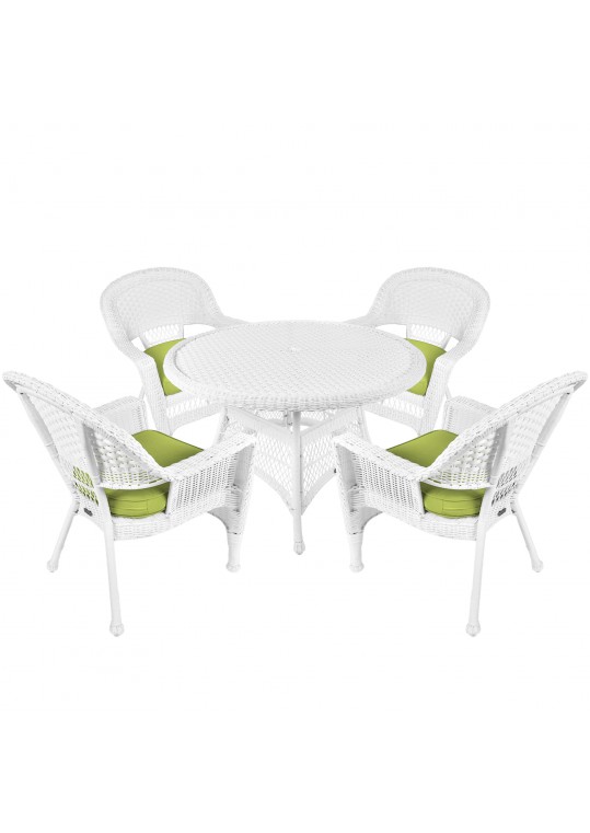 5pc White Wicker Dining Set - Sage Green Cushions