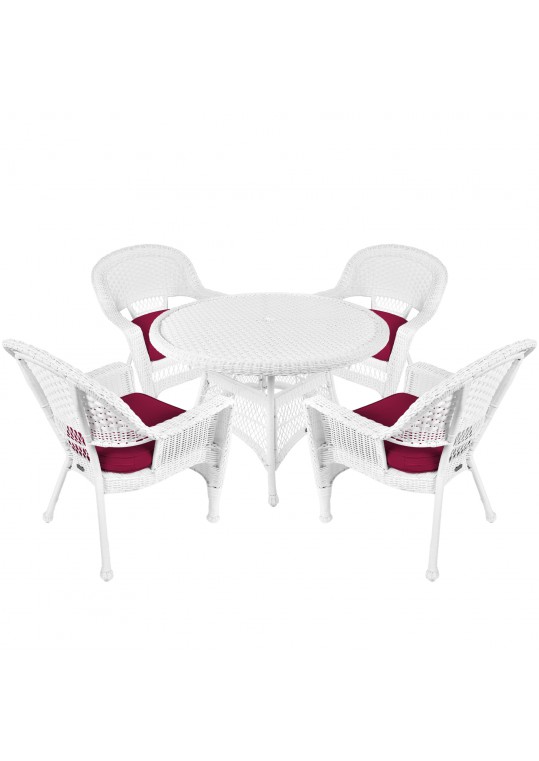 5pc White Wicker Dining Set - Red Cushions