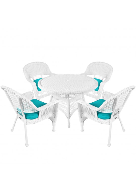 5pc White Wicker Dining Set - Turquoise Cushions