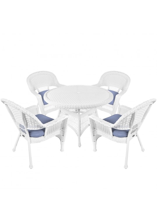 5pc White Wicker Dining Set - Steel Blue Cushions