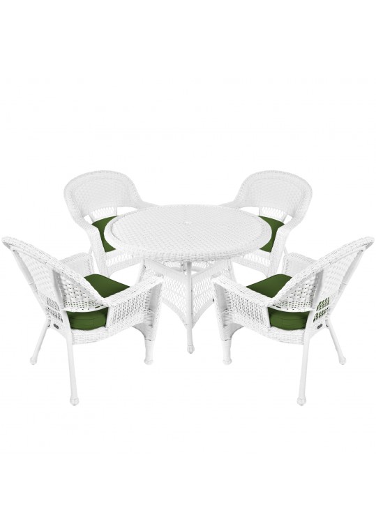 5pc White Wicker Dining Set - Hunter Green Cushions