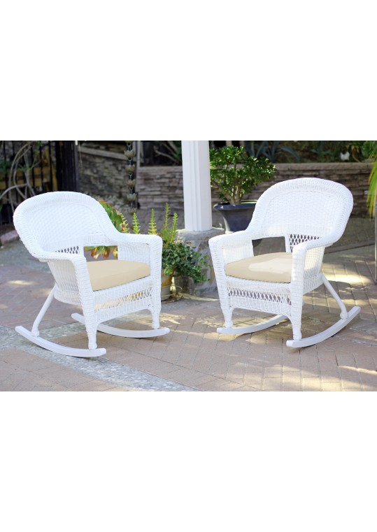 White Rocker Wicker Chair with Ivory Cushion- Set of 2