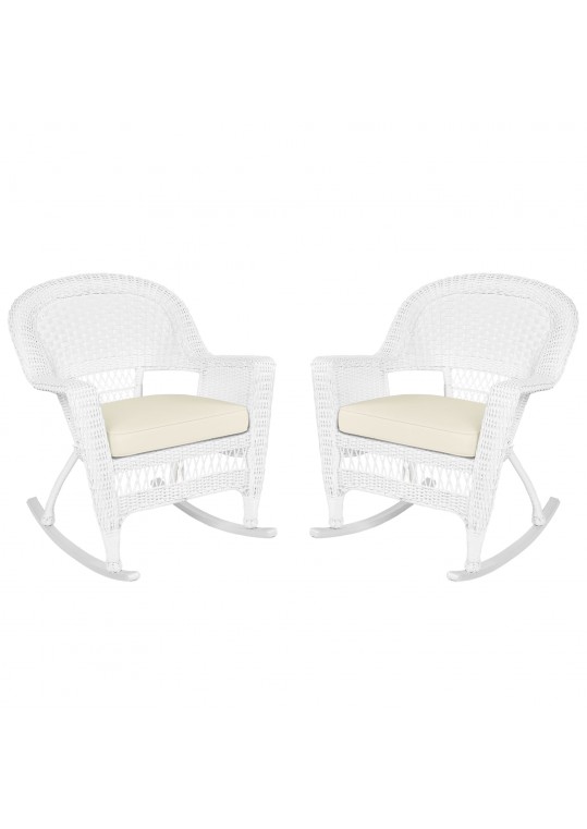 White Rocker Wicker Chair with Ivory Cushion- Set of 2