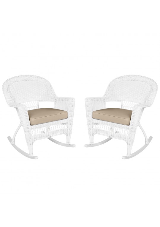 White Rocker Wicker Chair with Tan Cushion- Set of 2