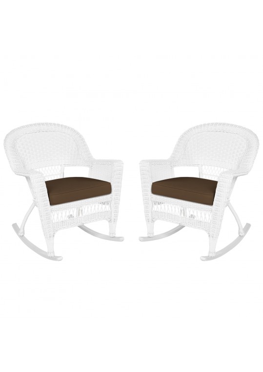 White Rocker Wicker Chair with Brown Cushion- Set of 2