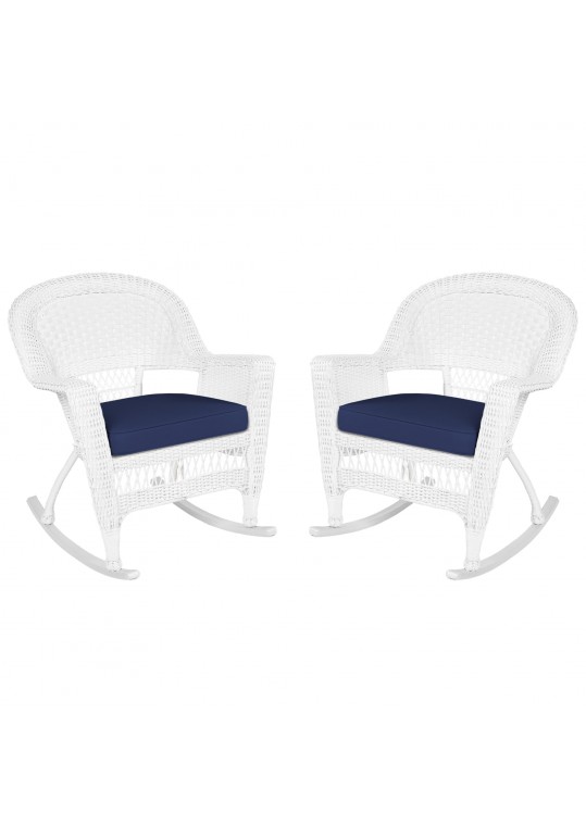 White Rocker Wicker Chair with Midnight Blue Cushion- Set of 2