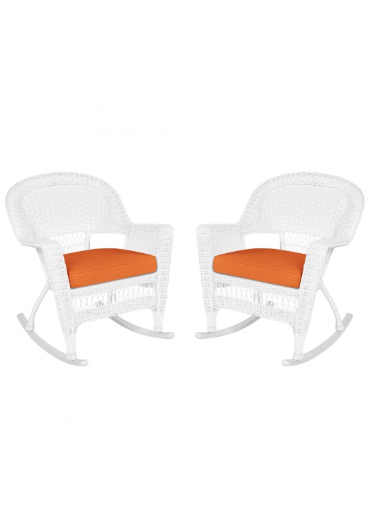 White Rocker Wicker Chair with Orange Cushion- Set of 2