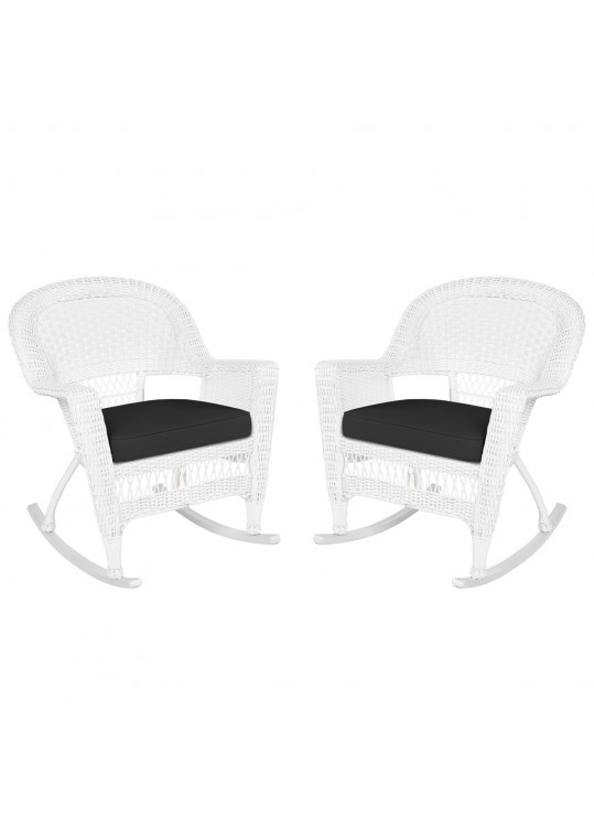 White Rocker Wicker Chair with Black Cushion- Set of 2
