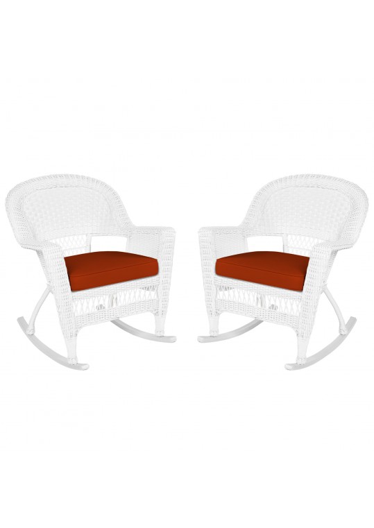 White Rocker Wicker Chair with Brick Red Cushion- Set of 2