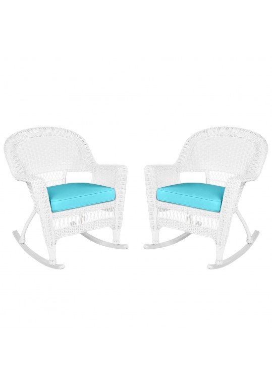 White Rocker Wicker Chair with Sky Blue Cushion- Set of 2