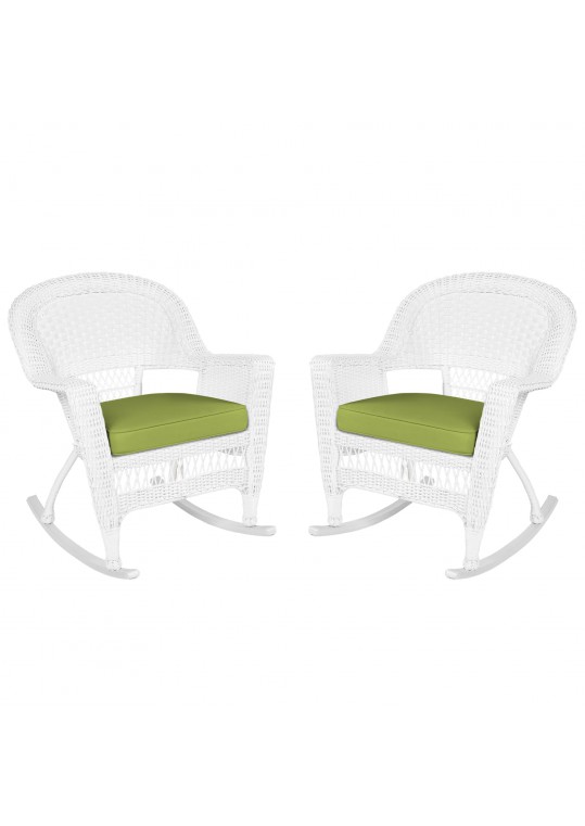 White Rocker Wicker Chair with Sage Green Cushion- Set of 2