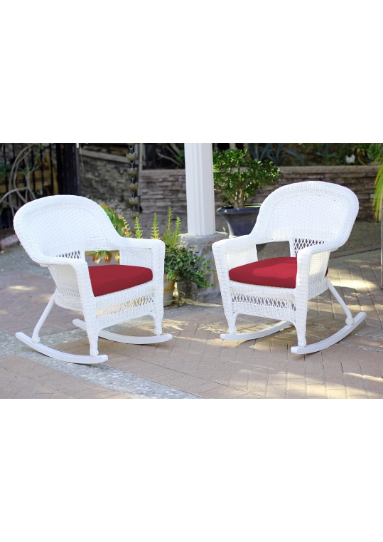 White Rocker Wicker Chair with Red Cushion- Set of 2