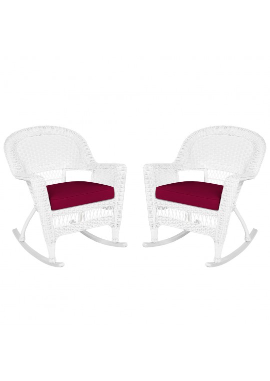 White Rocker Wicker Chair with Red Cushion- Set of 2