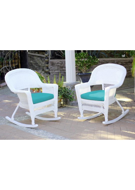 White Rocker Wicker Chair with Turquoise Cushion- Set of 2
