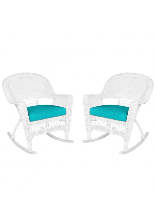 White Rocker Wicker Chair with Turquoise Cushion- Set of 2
