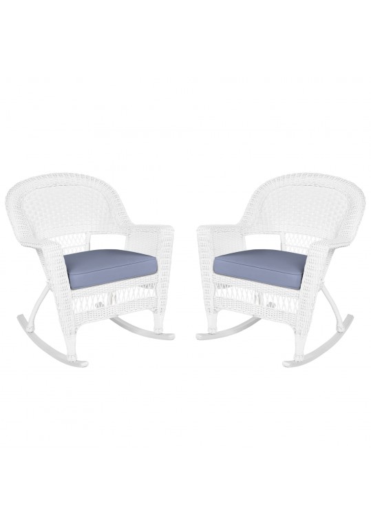 White Rocker Wicker Chair with Steel Blue Cushion- Set of 2