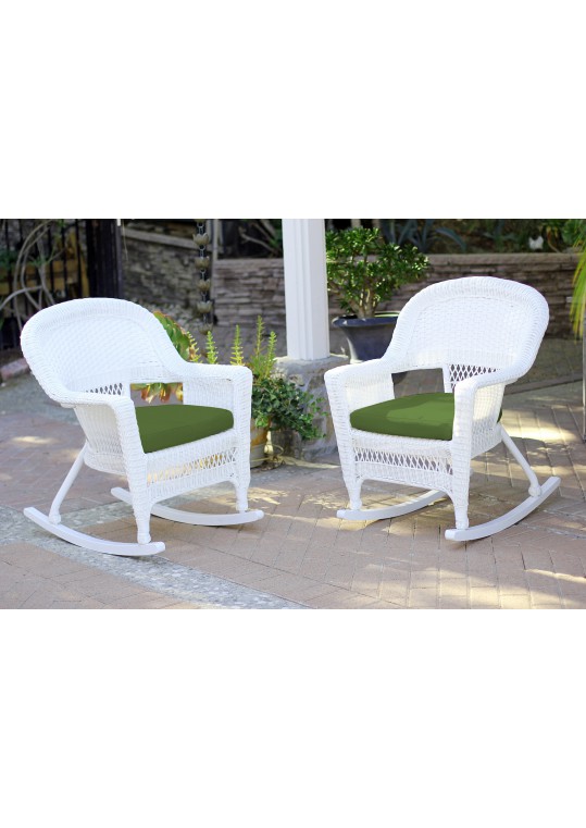 White Rocker Wicker Chair with Hunter Green Cushion- Set of 2