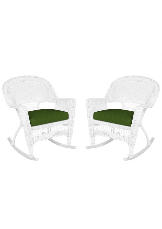 White Rocker Wicker Chair with Hunter Green Cushion- Set of 2