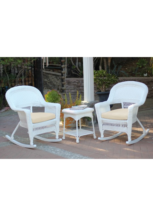 3pc White Rocker Wicker Chair Set With Ivory Cushion