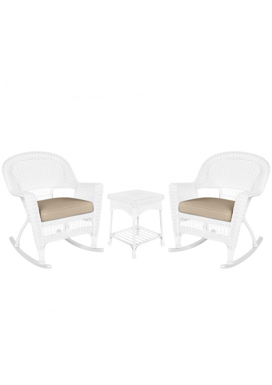 3pc White Rocker Wicker Chair Set With Tan Cushion