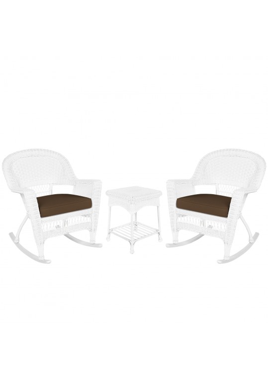 3pc White Rocker Wicker Chair Set With Brown Cushion