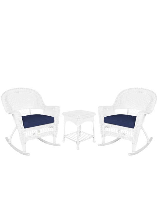 3pc White Rocker Wicker Chair Set With Midnight Blue Cushion