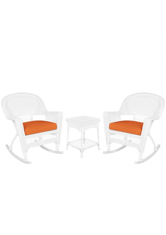 3pc White Rocker Wicker Chair Set With Orange Cushion