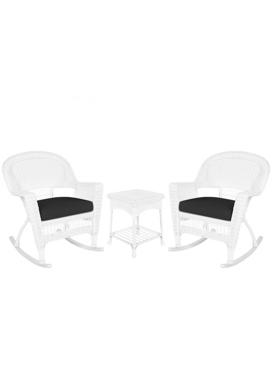 3pc White Rocker Wicker Chair Set With Black Cushion