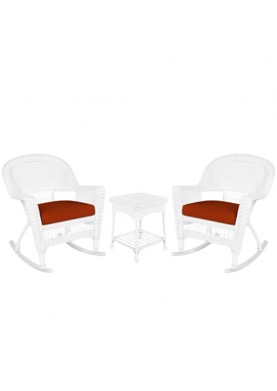 3pc White Rocker Wicker Chair Set With Brick Red Cushion