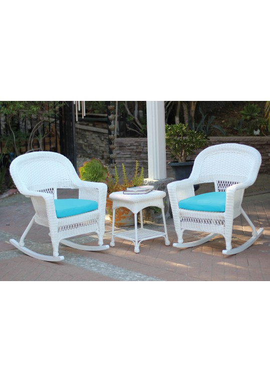 3pc White Rocker Wicker Chair Set With Sky Blue Cushion