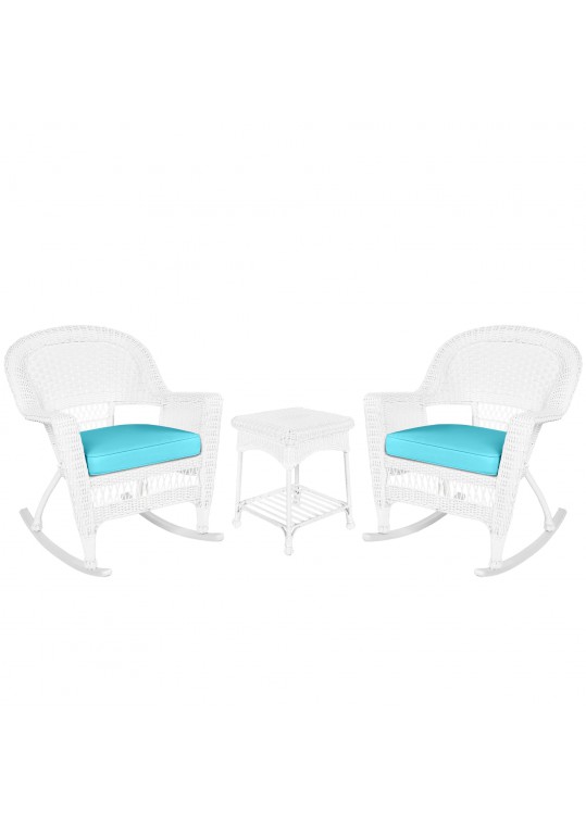 3pc White Rocker Wicker Chair Set With Sky Blue Cushion