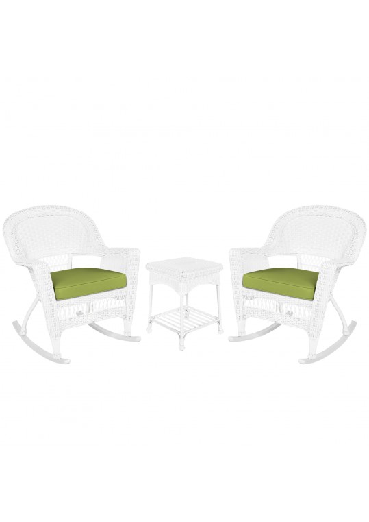 3pc White Rocker Wicker Chair Set With Sage Green Cushion