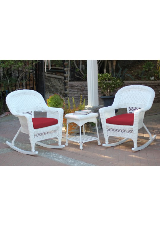 3pc White Rocker Wicker Chair Set With Red Cushion