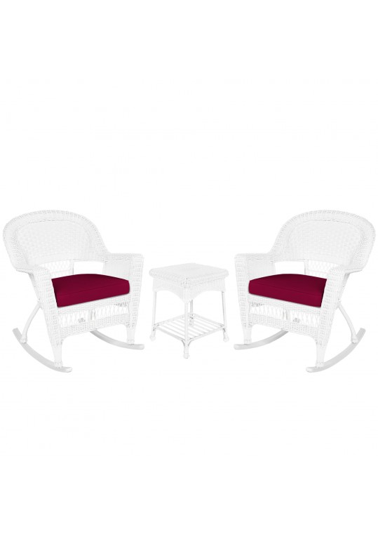 3pc White Rocker Wicker Chair Set With Red Cushion