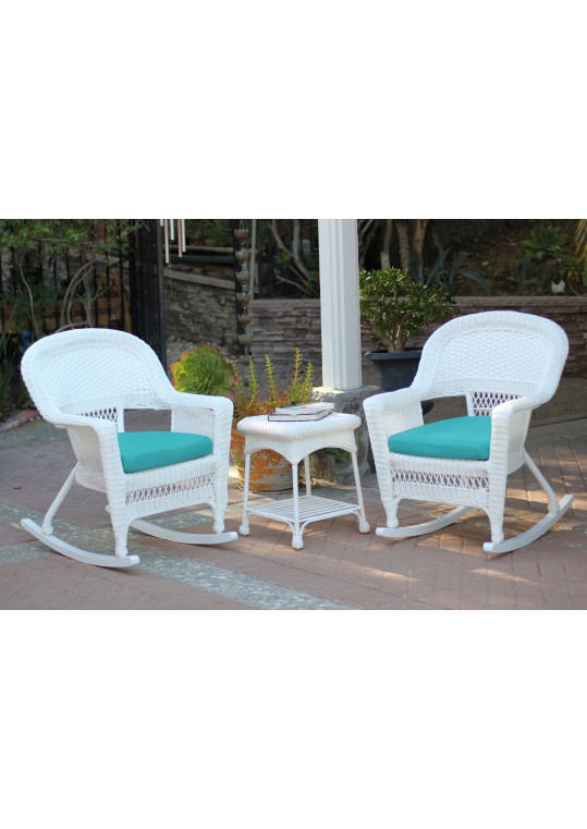 3pc White Rocker Wicker Chair Set With Turquoise Cushion